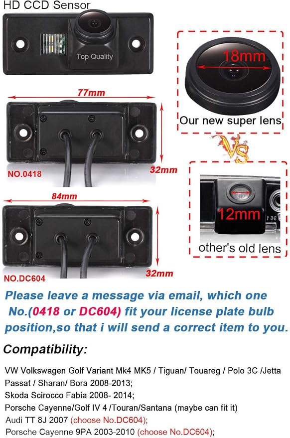 HD IP68 170°Reversing Vehicle Plate Light License Rear View Backup Camera Compatible with Golf MK5/Polo 3C/Jetta/Passat/Sharan/Bora/Skoda Scirocco Fabia/Porsche Cayenne/Touran/Santana/Audi TT 8J