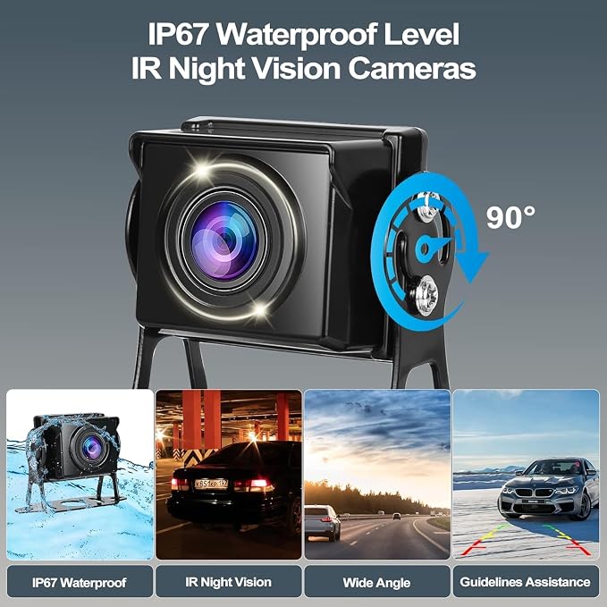 10.36" 4K RV Backup Camera System DVR Recording Quad Split Touch Screen Monitor, 4X 1080P Full Color Night Vision IP67 Waterproof, Parking Mode, Bluetooth, FM, 9-36V for RV Truck Trailer Tractor