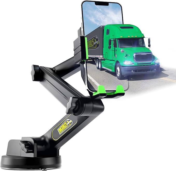 Gray Semi Truck Phone Mount & Green Semi Truck Phone Mount, Heavy Duty Cell Device Holder for Dashboard Windshield 16.9 inch Long Arm, Stable and Super Suction Cup (2 Device Mounts)