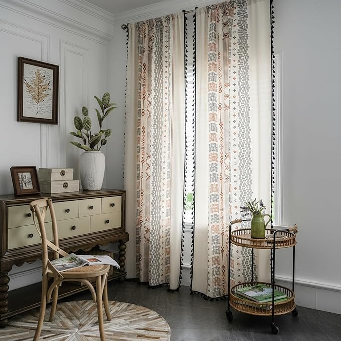 ColorBird Boho Curtains 2 Panels Orange Patterned Window Treatment Striped Geometric Aztec Western Curtain & Drapes for Living Bedroom Dining Room 63 Inch Length Boho Chic Deco