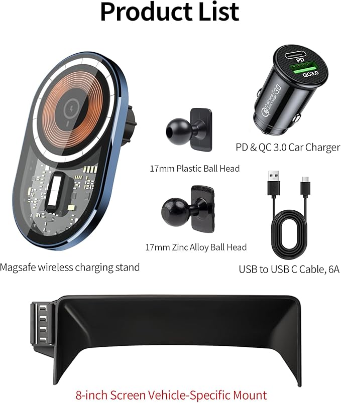 Wireless Charging Car Phone Holder for Honda Accord/Hybrid 2018-2022, 8" Screen Fixed Clip, 360° Rotation Car Phone Mount Compatible with MagSafe