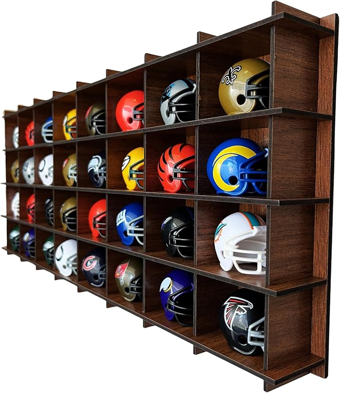32 Mini Helmet Display Case,Mini Football Helmets,Football Helmet Display Case,Mini Football Helmet Shelf (Walnut)