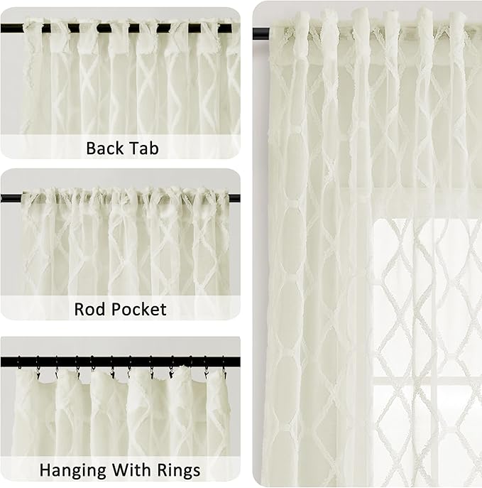 Cream Sheer Curtains 108 Inches Long 2 Panels Rod Pocket Back Tab Top Elegant Ivory Drapes for Bedroom Light Filtering Privacy Window Treatment Extra Long Embroidered Sheer Curtains for Living Room