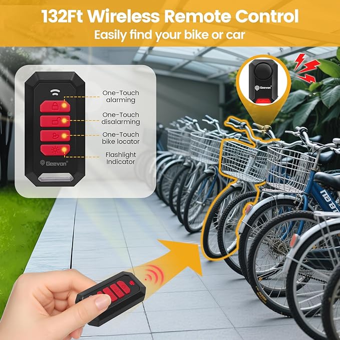Geevon Bike Alarms for Ebikes,2+1Pcs Wireless Bike Alarm with Remote,135dB Anti-Theft Bicycle Motorcycle Alarm Wireless Security Sensor Alarms, IPX5 Waterproof