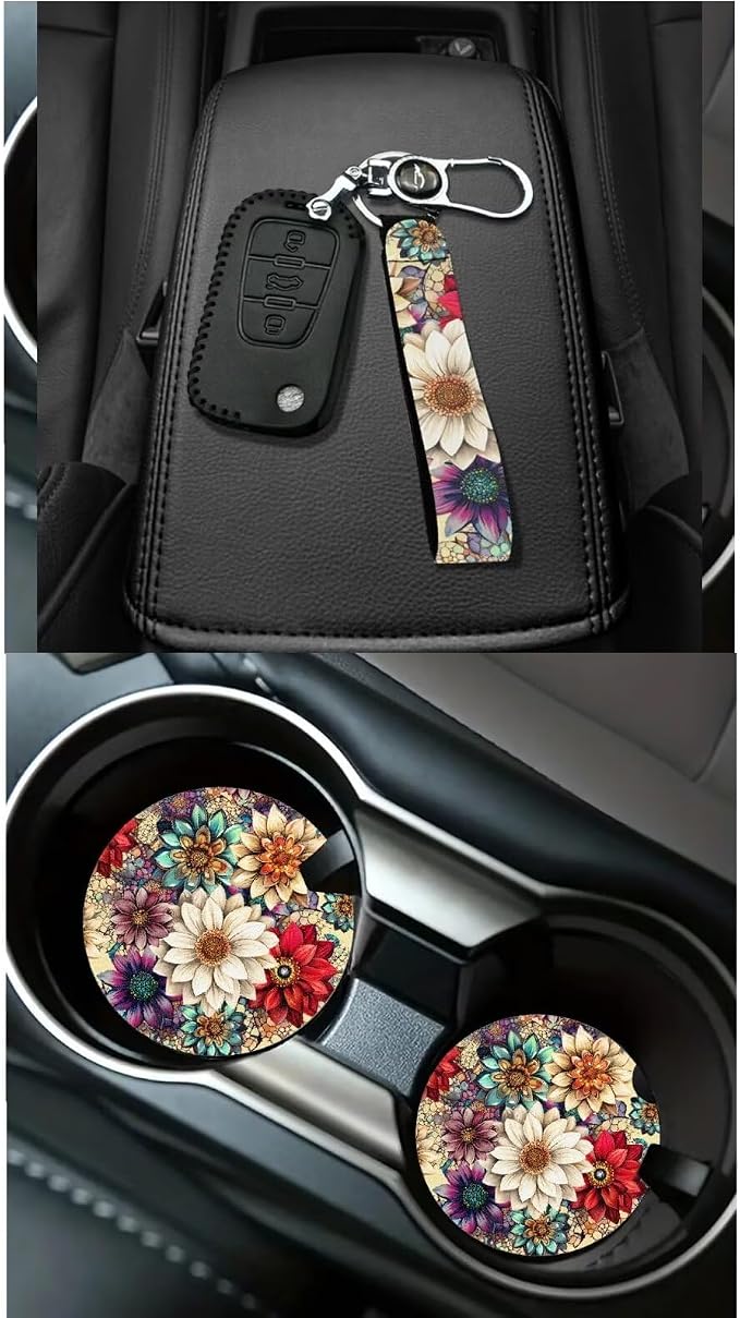 Dreaweet Dahlia Car Seat Covers Full Set for Women Flower Car Accessories 15 Pcs Set - Steering Wheel Cover Seatbelt Covers Car Coasters Trash Can Air Vent Storage Bag Rearview Mirror Cover Keychain
