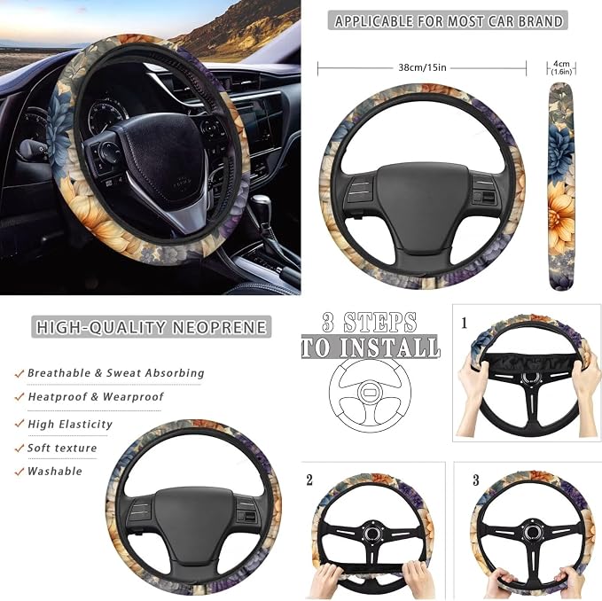 Howilath Boho Mandala Floral Car Front Seat Cover with Steering Wheel Cover/Seatbelt Pads/Armrest Cushion/Keychain/Car Coasters Auto Accessories - 10 Piece
