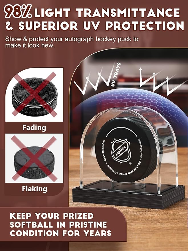 JupDec Hockey Puck and Collectibles Display Case, Premium Acrylic Clear Box Puck Holder with Mahogany Wood Base, Showcase for Autographed Souvenir Memorabilia, Collectible Figure Stand, Black