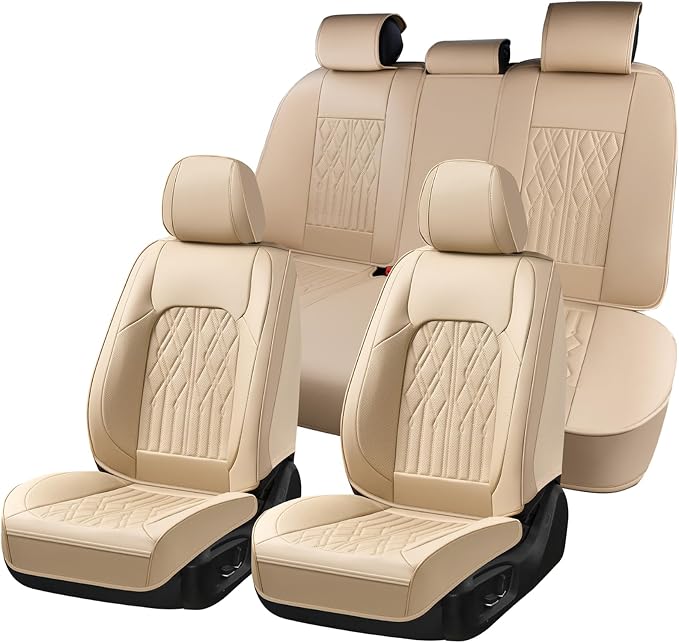 Huidasource Car Seat Covers Full Set, Leather Seat Cover Universal Fit for Most Cars Sedans SUVs Trucks, Airbag Compatible, Cup Holder Access, Easy Install, Wipes Clean, Wear-Resistant, Beige