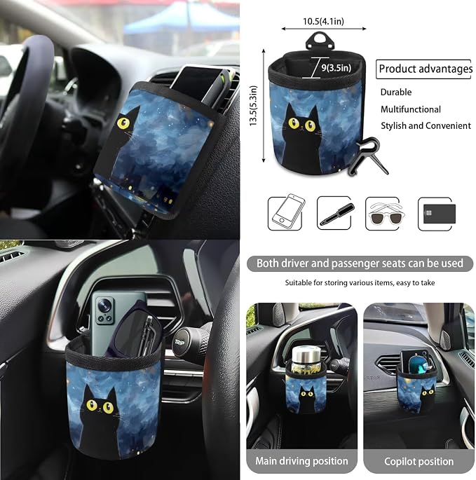 15Pcs Car Seat Cover Full Set Car Steering Wheel Cover Seat Belt Cover Trash Bin Air Vent Storage Box Front Rear View Mirror Car Cup Holder Keychain, Cute Cat Starry Night