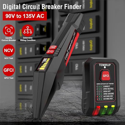Circuit Breaker Finder with LCD Display, GFCI Outlet Tester, 90-135V Electrical Circuit Tracer Tool with NCV Test & Flashlight, Electric and Voltage Tester with Carrying Case & Batteries