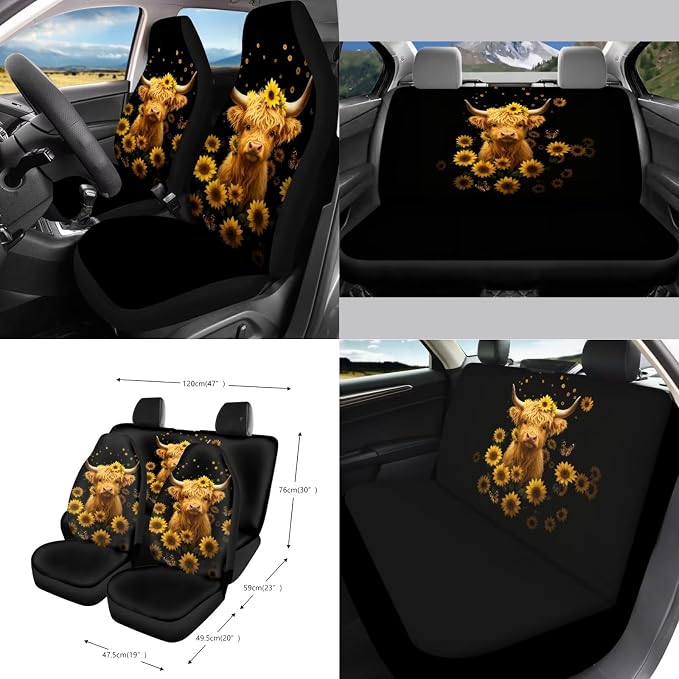 Wanyint Car Seat Cover Set 15 PCS, with Steering Wheel Seat Belt Strap Rear View Mirror Cover Trash Can Cup Coaster Keychain Air Vent Storage Bag Universal Fit, Sunflower Highland Cow Black