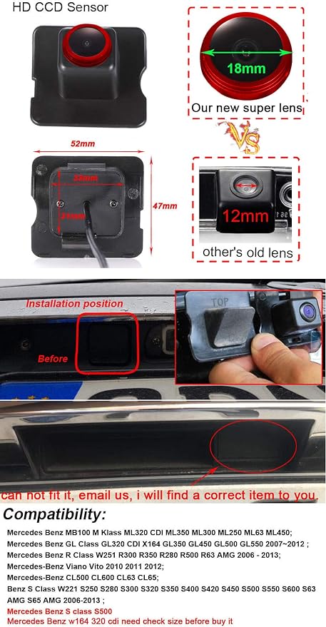 1280 x 720 Pixels 1000 TV Lines 18 mm Lens Car Rear View License Plate Light Camera for Mecerdes Benz ML320 ML300 ML350 GL350 GL450 R300 R350