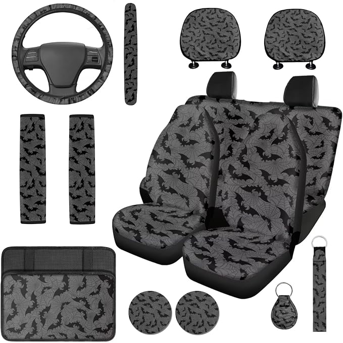 Bulopur Halloween Bat Vehicle Seat Covers Full Set with Steering Wheel Cover Comfortable Armrest Pad Easy to Install Car Seat Belt Covers 14 PCS Automotive Interior Decor Set