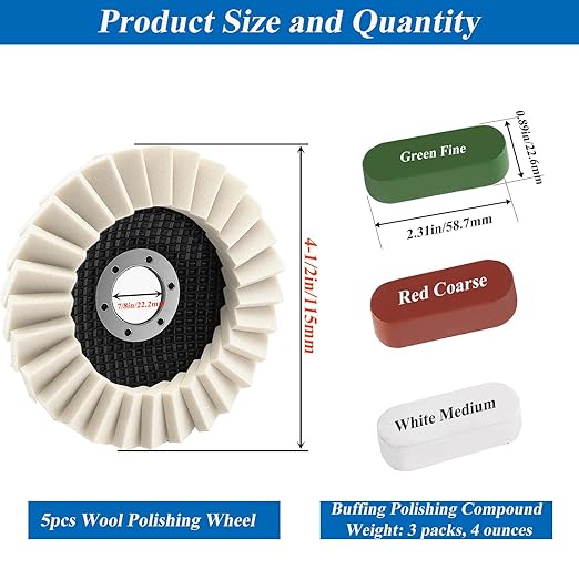 8 Pcs Wool Polishing Wheel Kit, 4-1/2"x 7/8" Felt Buffing Wheels with Felt Flap Disc and Polishing Compound, Universal for Angle Grinder, Multi-Surface Polishing for Metal, Automotive, Wood