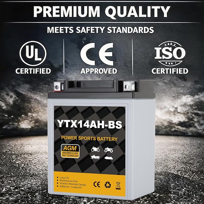 YTX14AH-BS 12V 12Ah Motorcycle Battery, 220CCA Rechargeable Maintenance Free Sealed AGM Battery, Powersport Replacement for ATV, UTV, Scooter
