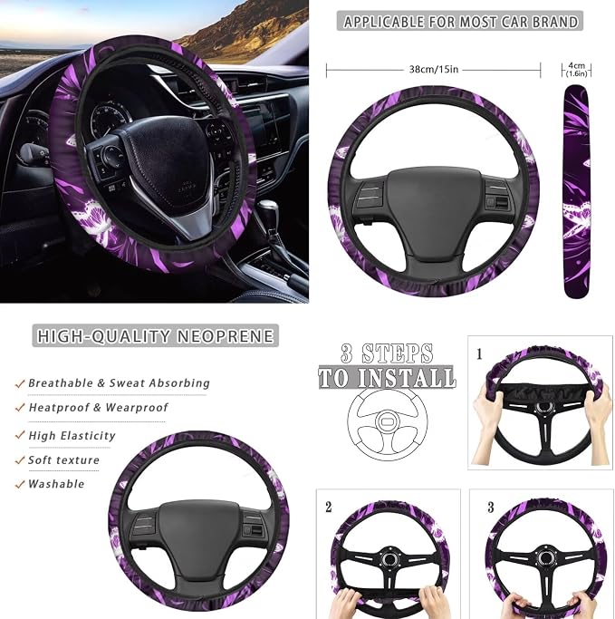 8 Pcs Purple Butterfly Car Interior Accessories for Women, Car Seat Cover Full Set with Auto Steering Wheel Cover Auto Center Console Pad Seat Belt Covers