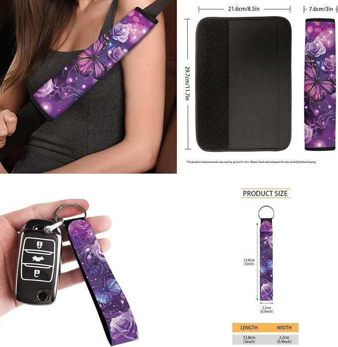 15 Pcs Purple Butterfly Auto Interior Accessories Car Seat Covers with Auto Steering Wheel Cover Seat Belt Covers Car Trash Can View Mirror Cover Coaster Keychains