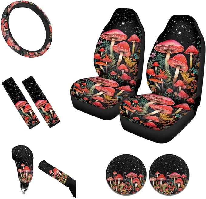 Tupalatus Auto Front Seat Covers Steering Wheel Cover,Seat Belt Pads,Cup Holder Gear Shift Knob Cover,Car Handbrake Protector Full Set of 9 PCS for Ladies Gifts,Universal Fit, Red Mushroom Floral