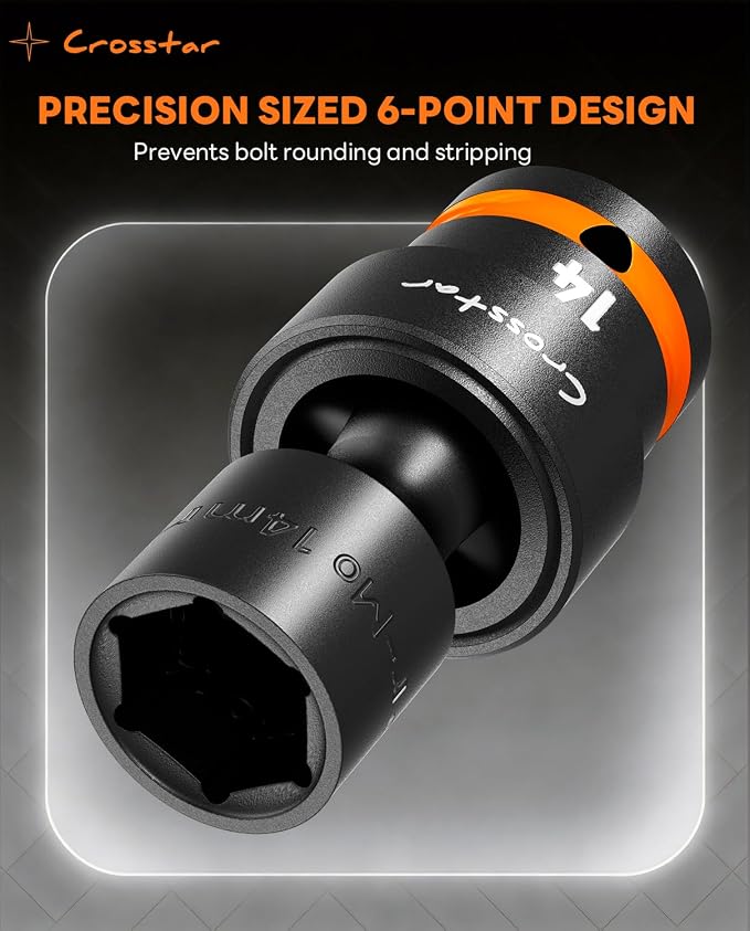 Crosstar 14 Pieces 3/8"Drive Swivel Socket Set,Impact Rated Universal Joint,CR-MO Steel,Metric and SAE Wobble Socket,6-Point Shallow Socket with Transparent Case,Flexible 360°Rotation for Tight Spaces