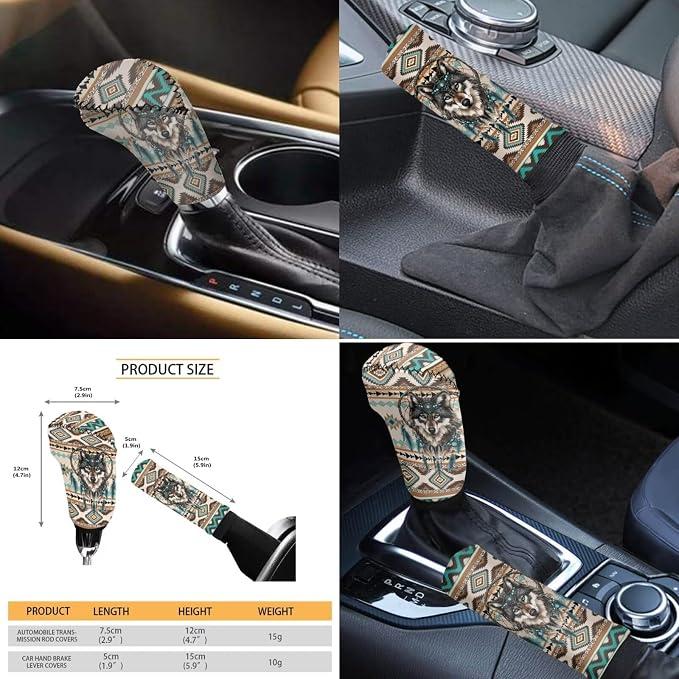 Wanyint Aztec Wolf Dream Catcher Car Seat Cover Split Covers Set for Women Men, 15 Inch Steering Wheel Cover, Headrest Cover Cup Coasters Handbrake Cover Gear Shift Cover Auto Accessories