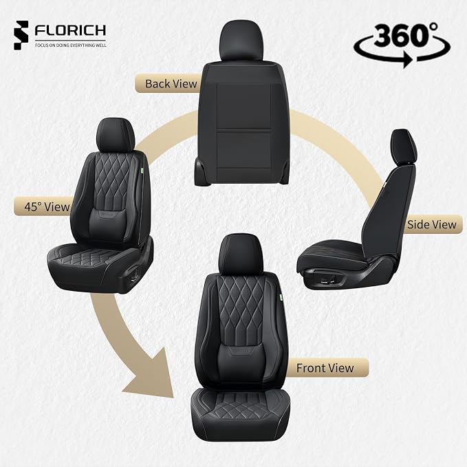 FLORICH Seat Covers Front Seats Leather Car Seat Cover Waterproof Automotive Seat Covers with Lumbar Support Full Coverage Car Seat Cushion Protector Universal Fit for Most Cars Trucks SUV, Black