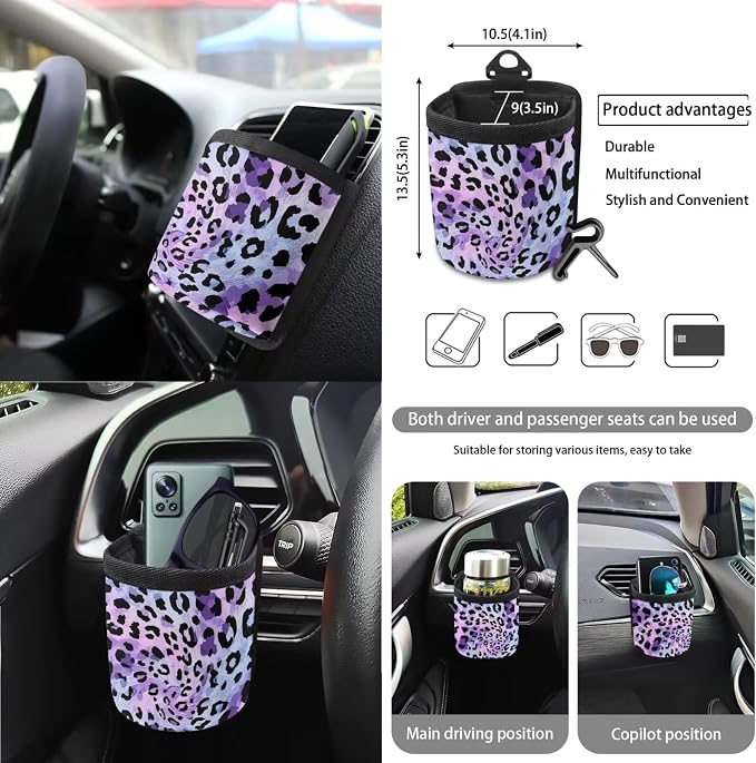 Cheetah Print 15Pcs Car Interior Cover Set Includes Car Front Rear Seat Covers Steering Wheel Cover Seatbelt Pads Inside Rearview Mirror Protector Garbage Bag Cup Coasters