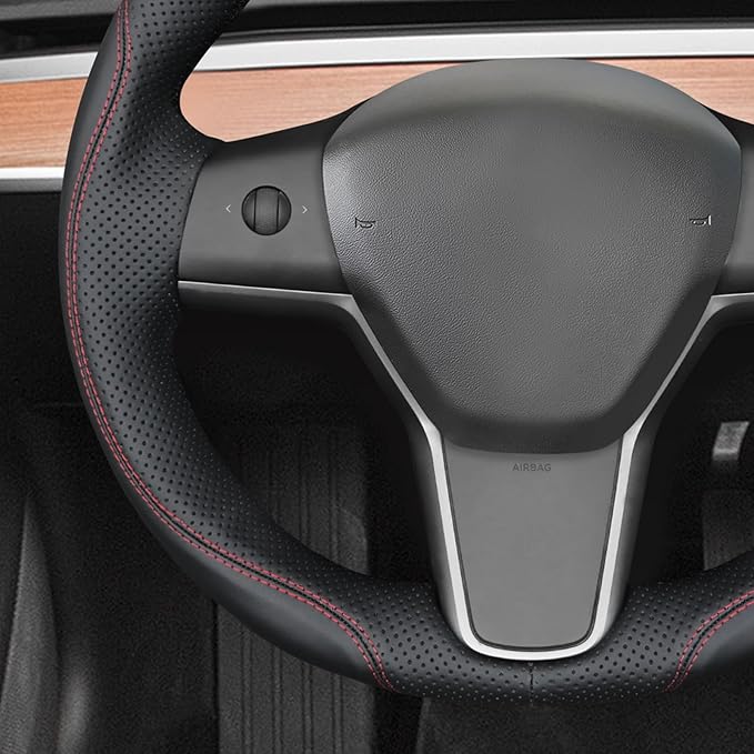 MEWANT Hand Stitch Black Faux Leather Steering Wheel Cover for Tesla Model Y 2023 Tesla Model 3 2023 DIY Steering Wrap