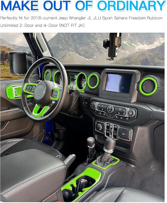 Barong for Jeep Wrangler JL JLU Gladiator JT 2018-2023 Accessories Interior Decoration Steering Wheel Gear Cup Holder Door Panel AC Air Vent Reading Light Cover 23PCS Full Set (Green)