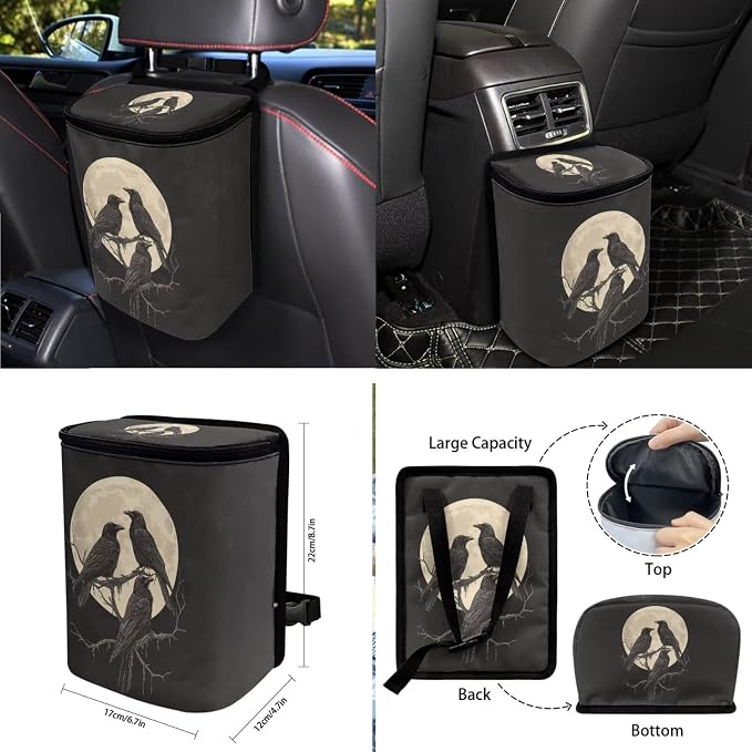 Crow Moon Pattern Car Accessories Set of 10 Front and Back Seat Covers Cup Coasters Car Trash Can Steering Wheel Cover Keychain Air Vent Storage Bag Interior Covers for Auto