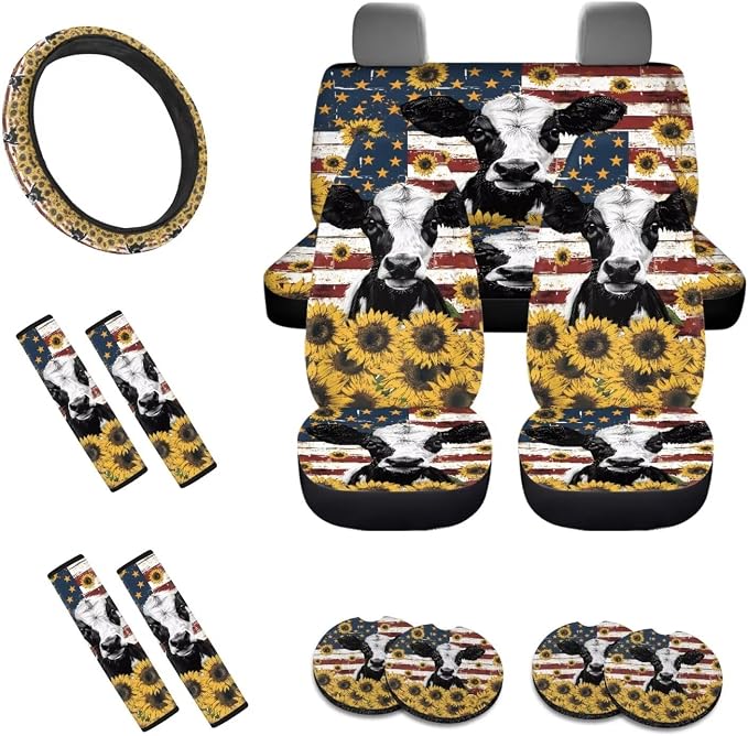 Cow American Flag Sunflower Print Auto Seat Covers Full Set, Car Accessories Set of 13, Breathable Steering Wheel Cover, Seat Belt Pads, Cup Holder Coasters, Universal Fit for Most Cars