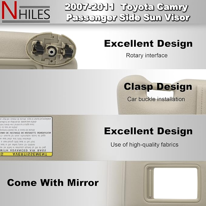 NHILES Right Passenger Side Sun Visor Compatible with Toyota Camry Without Light 2007 2008 2009 2010 2011 Replaces# 74310-06750-E0 Color Beige