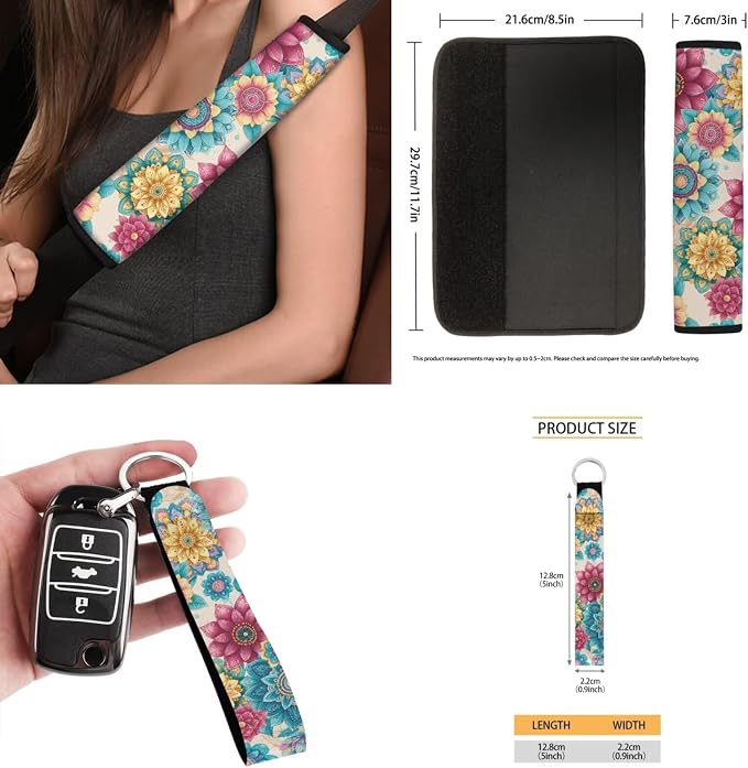 Boho Blossoms 15 PCS Car Seat Cover Set with Auto Steering Wheel Cover Seat Belt Strap Protector Cup Holder Trash Bag Rear View Mirror Protector Keychain