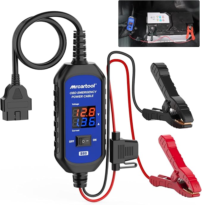 OBD II Car Memory Saver Cable 12V Vehicle ECU Emergency Power Supply Cablewith Voltage and Current Display OBD II Battery Leakage Detective Kit with 3A Fuse & 2 Alligator Clips