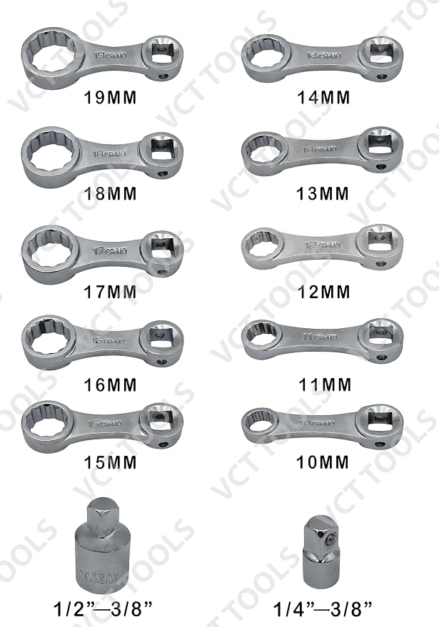 VCT 12-Piece Metric 12-Point Box End Torque Adapter Extension Set, 3/8inch Drive 10-19mm