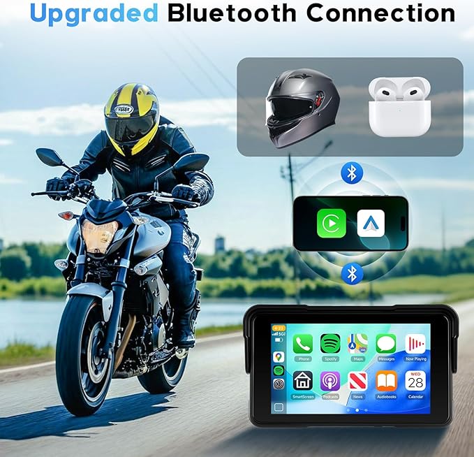 5-Inch Motorcycle CarPlay Screen Wireless Android Auto for Moto with GPS Navigation for Motorbike Bluetooth Voice Control Portable Moto Car Play Screen