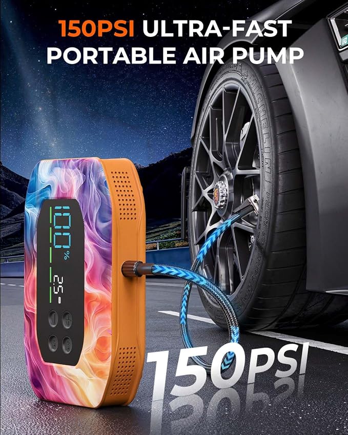 2000A Jump Starter with Air Compressor, Portable Car Battery Jump Starter, 12V Booster for Gas/Diesel Engines, 150PSI Tire Inflator 10000ma/h 33W Bidirectional fast Charging Power Bank-Orange