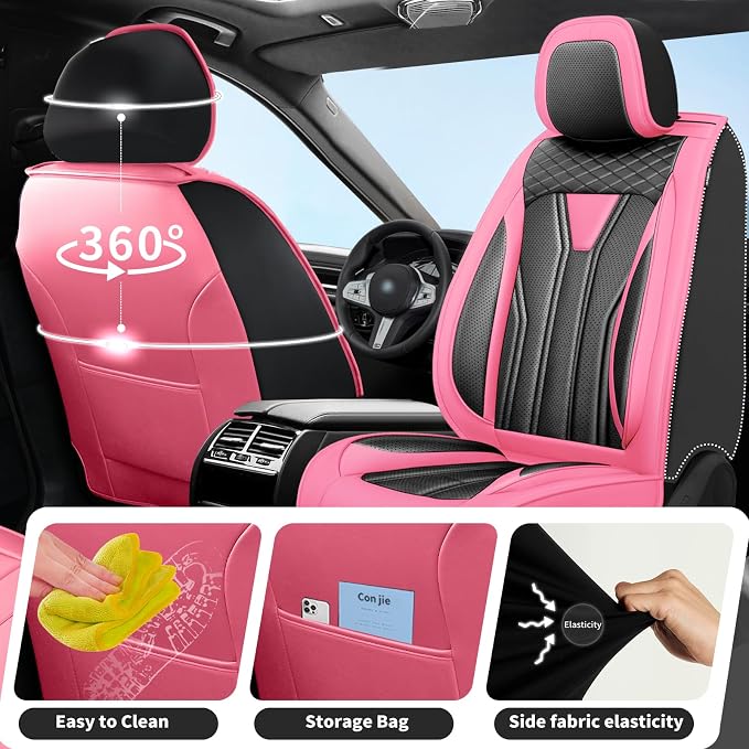 Fit CRV CR-V Car Seat Covers Premium Leather for Honda CRV CR-V 2013-2025 2026. Waterproof， Anti-Slip, Scratch-Resistant & All-Weather Seat Cushion Protector (Full Set, Pink&Black)