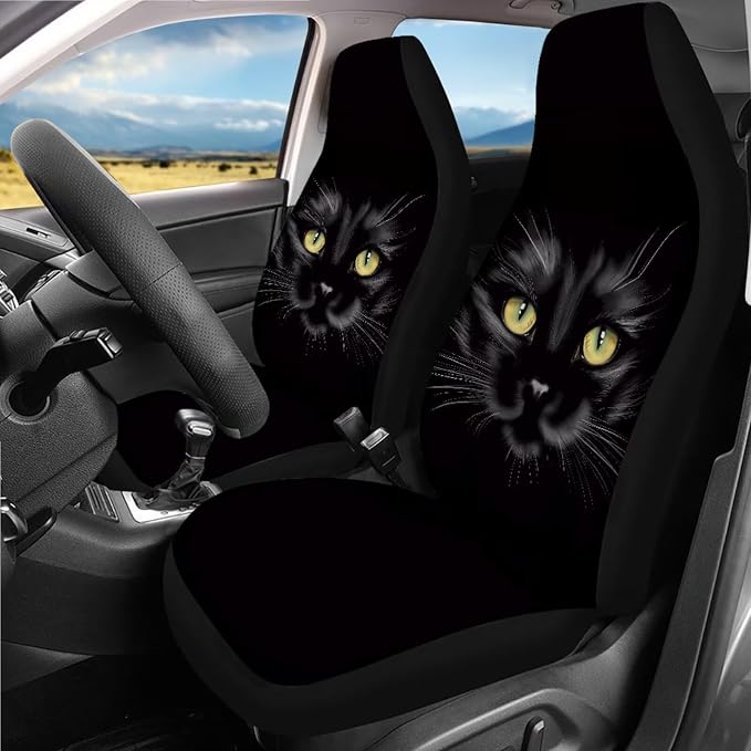 18 Pcs Black Cat Car Seat Covers Full Set Animal Cat Car Interior Accessories Full Set for Women Men Universal Car Seat Belt Pads Cover Car Trash Can Car Headrest Covers Cup Holder Coasters
