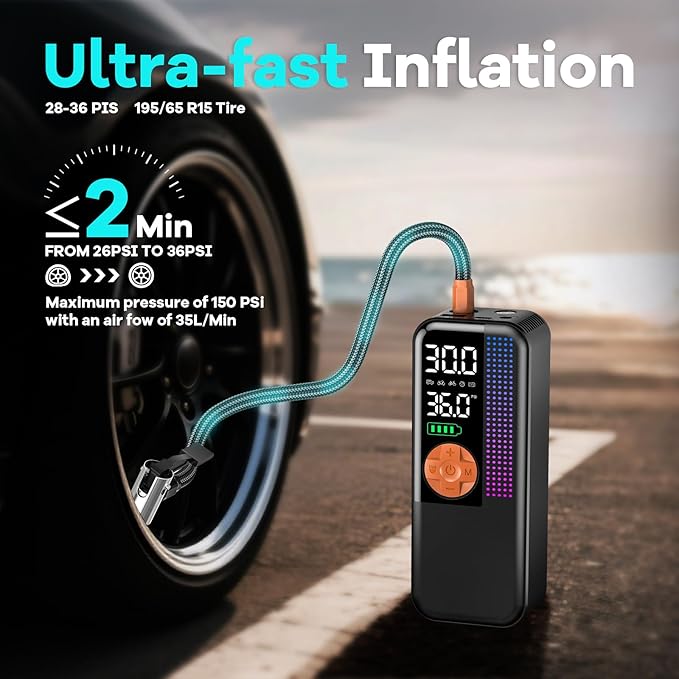 WEOLULI Tire Inflator Portable Air Compressor,150 PSI Cordless Air Pump, 12V DC Car Plug,Dual Power 10000mAh, Fast Inflation 24L/Min, 4 Preset Modes for Car, Bike, Motorcycle, Balls(Orange, 10000mAh)