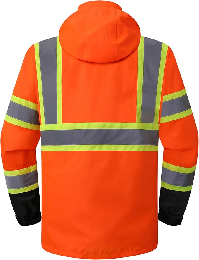 JKSafety Hi-Vis Reflective Safety Rain Jacket and Pants for Men Women Waterproof Rain Gears for Farming Fishing Work HV Rain Suit with Inner Mesh Lining and Pockets (117-Orange XL)