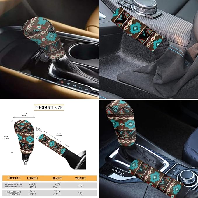 Wanyint Car Seat Cover Set 11 PCS for Men Women, with Soft Breathable Steering Wheel Headrest Cover Handbrake Gear Shift Knob Cover Coasters, Southwest Aztec Teal Brown