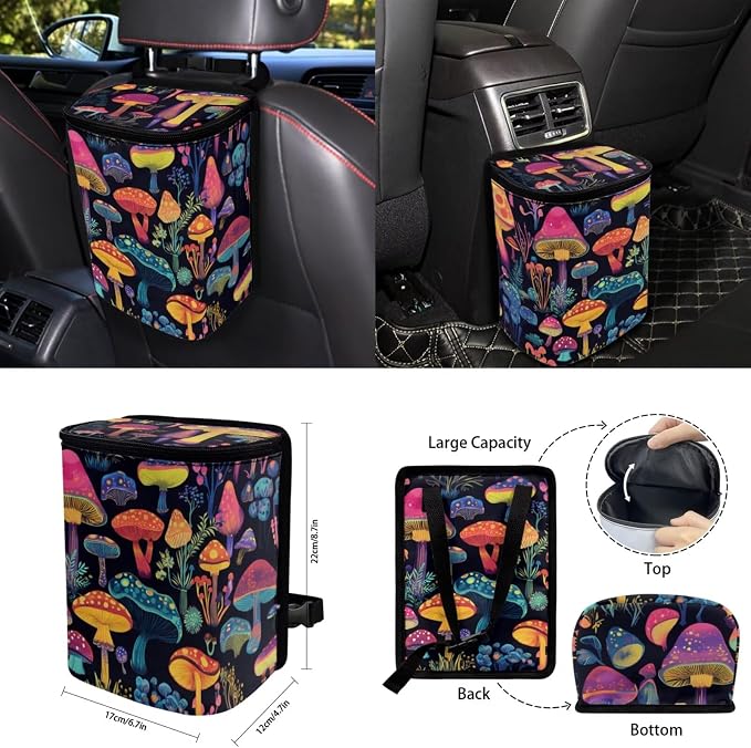 15 Pcs Cute Mushroom Car Seat Cover Full Set for Women with Car Steering Wheel Cover Seat Belt Cover Trash Bin Front Rear View Mirror Car Cup Holder Keychain