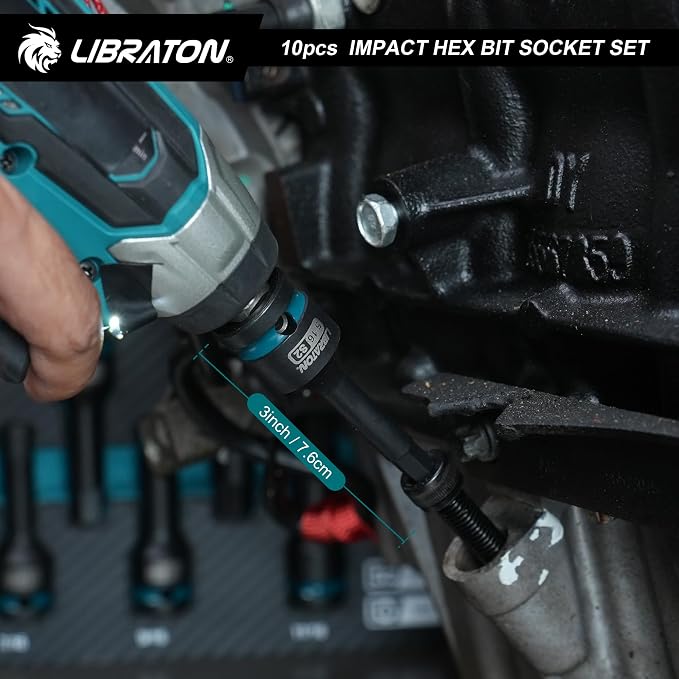LIBRATON Impact Hex Bit Socket Set, 1/2" Dr, S2 Steel, 10PCS High Torque Sockets (SAE 1/4"-3/4") for Professional Mechanics & Automotive Repair (XPE Storage Case)