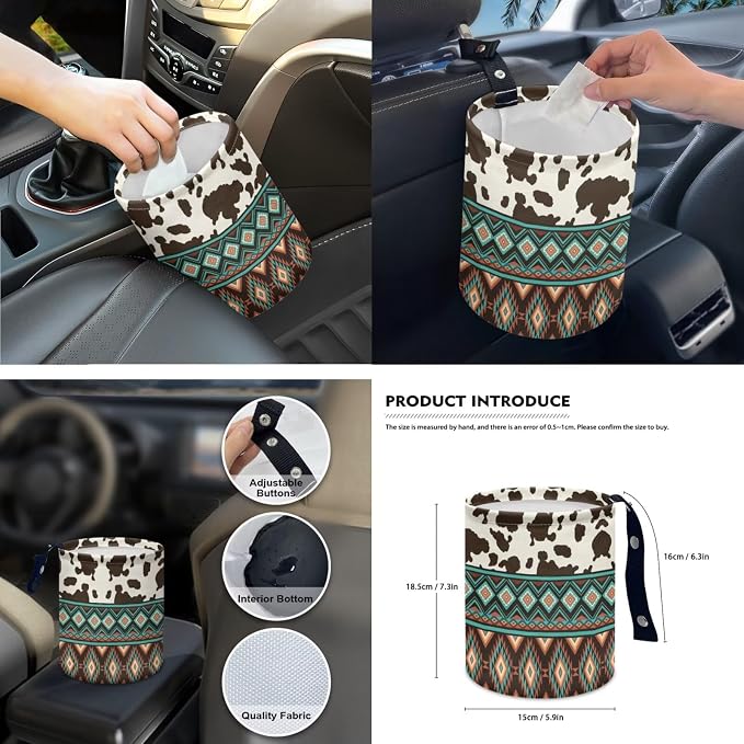 Aztec Brown Cow Print Car Seat Covers Set of 15 with Universal Steering Wheel Cover, Rearview Mirror Cover, Car Trash Can, Seatbelt Pads, Cup Holder Coasters, Keychains