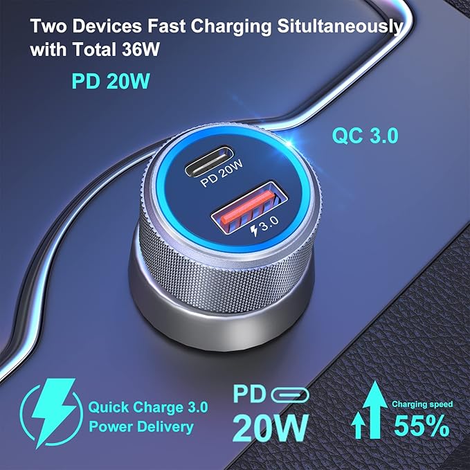 36W USB C Car Charger with 60W USB Type C Coiled Cable PD&QC 3.0 Fast Charging Cigarette Lighter USB Charger for iPhone, Galaxy, Pixel Devices