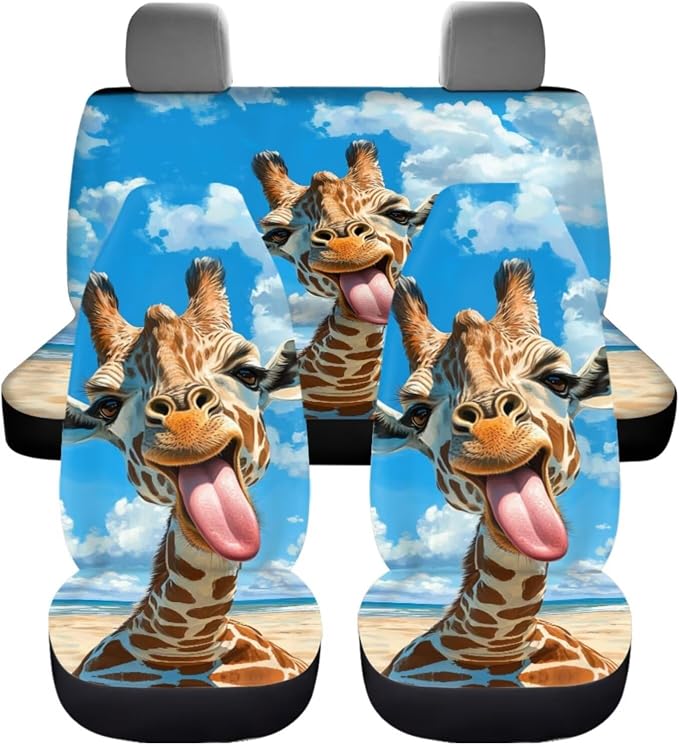 Giraffe Car Seat Covers Including Funny Animal 4 Front Rear Seat Cushion Cover/2 Coasters/1 Steering Wheel Wrap/2 Shift Knob Handbrake Cover/2 Seatbelt Pad Cover, 11 Pack Car Accessories