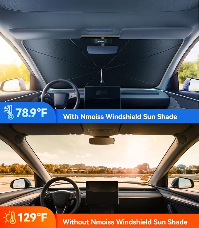 Nmoiss True Dual Layer Air Cooled Windshield Sun Shade Umbrella - [Drive to Superior Coolness & Comfort] Block 99% UV Sun Rays & Heat Damage Keep Cool and Protect Interior L