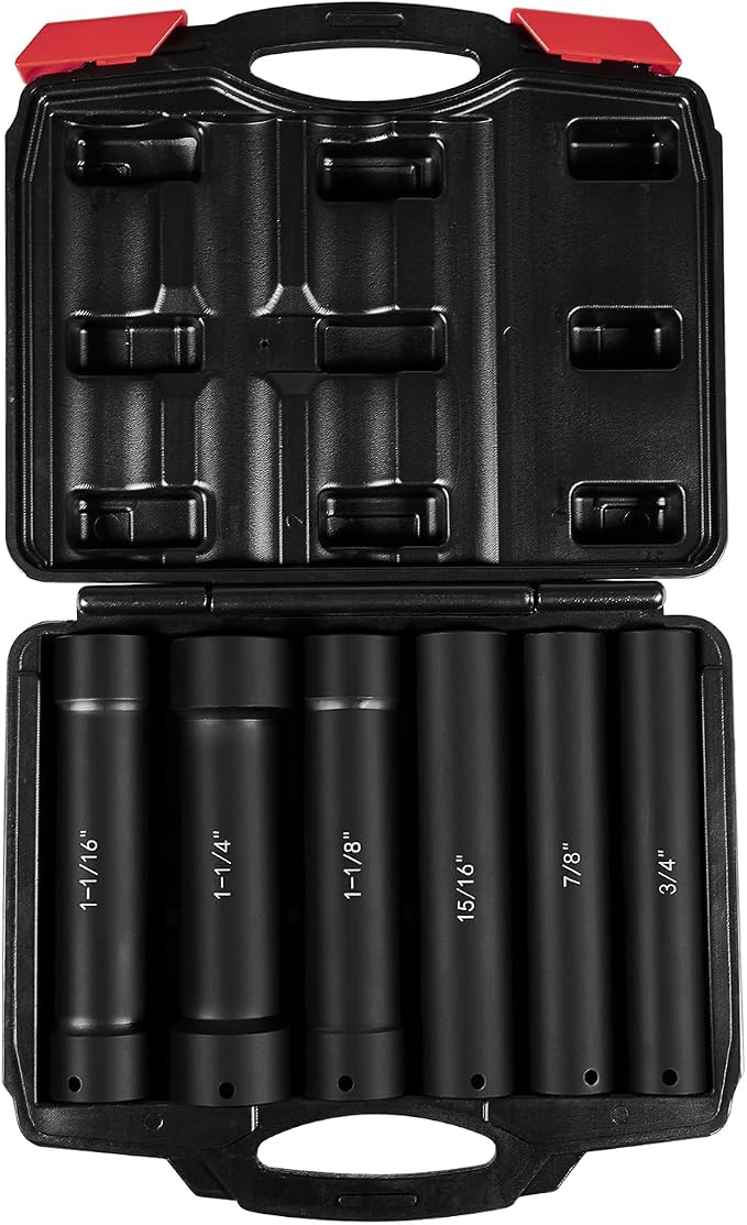 1/2 Inch Drive Extended Length Impact Socket Set - 6 Piece Extra Deep Impact Socket Set - Hex Size 3/4", 7/8", 15/16", 1-1/16", 1-1/8", 1-1/4" Heavy Duty With Storage Case For High Torque Use