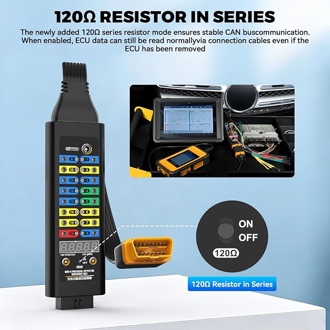 OBD2 Breakout Box, 120Ω Resistor DC 12V/24V Premium Automotive Diagnostics OBDII Protocol Detector for Communication/Power/Ground Detection/ECU Testing, W/Voltage Display,Universal Wire Jumper & Clips