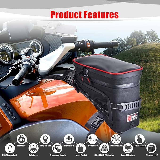 Goldfire Motorcycle Tank Bag Expandable ADV Gas Oil Fuel Tank Saddle Bag with Strong Strap Mount Water Resistant Motorcycle Storage Bag(Black)